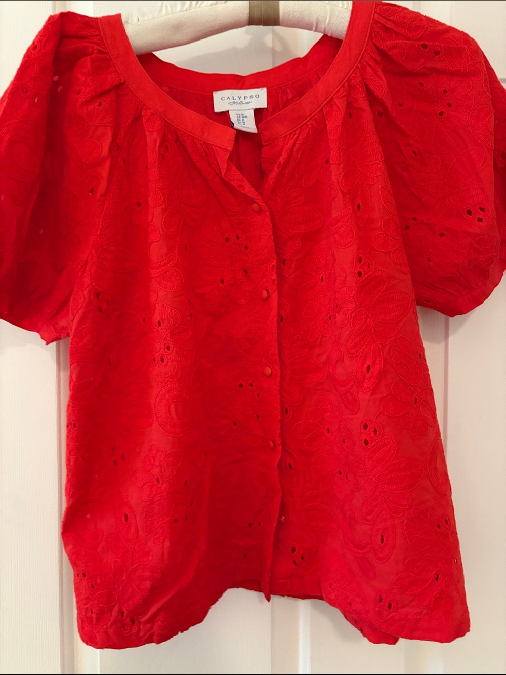 Calypso Red Eyelet Short-Sleeve Blouse